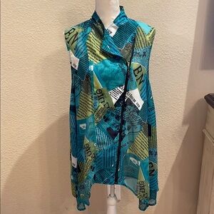 Feratelli Asymmetrical Green and Blue Blouse with Mandarin Collar
